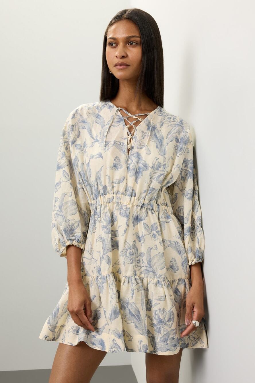 SANDRO Off White Floral Lace Up Neck Tie Mini Josella Dress Size Small